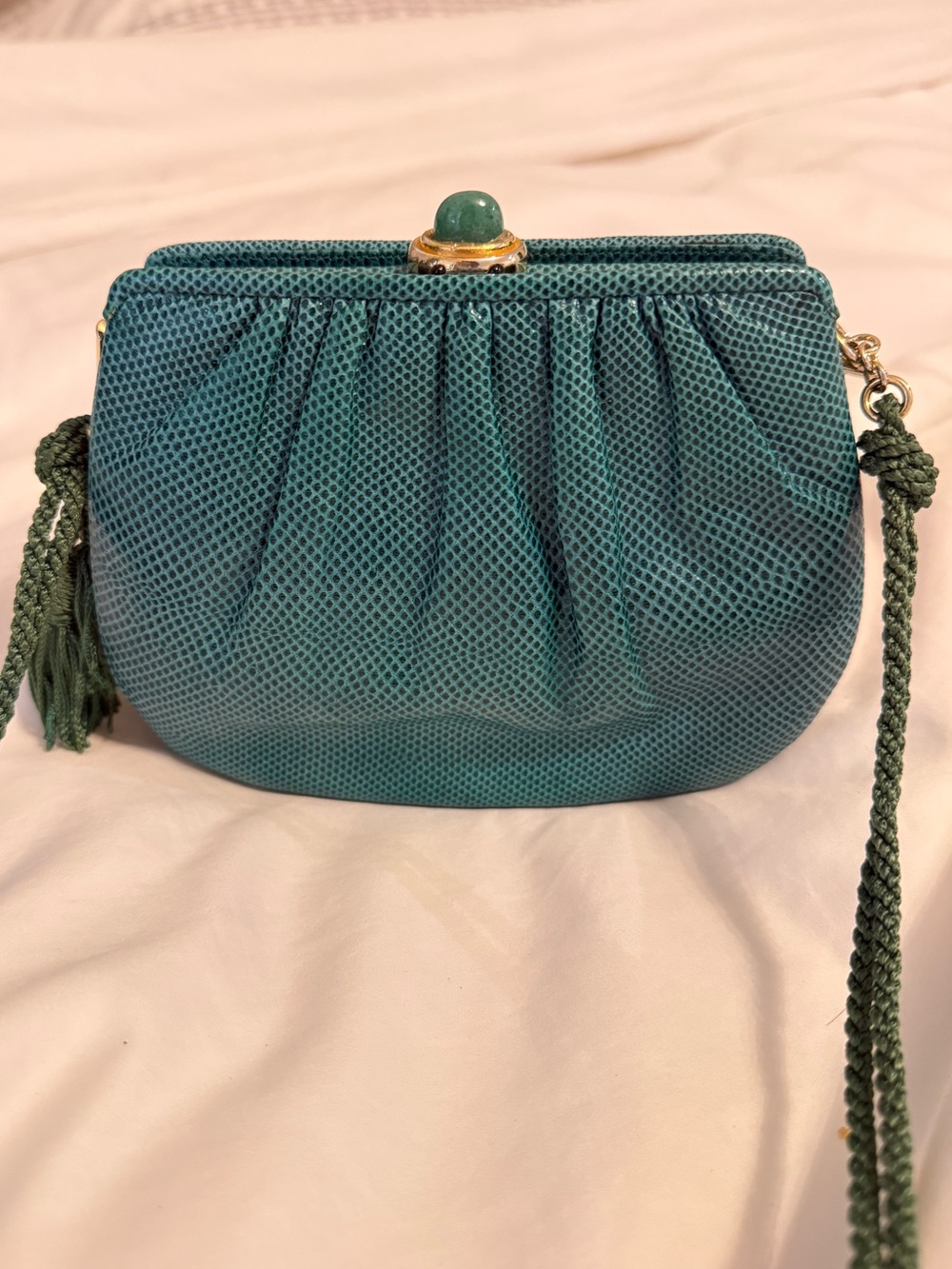 Judith Leiber vintage green Karung cabochon evening bag
